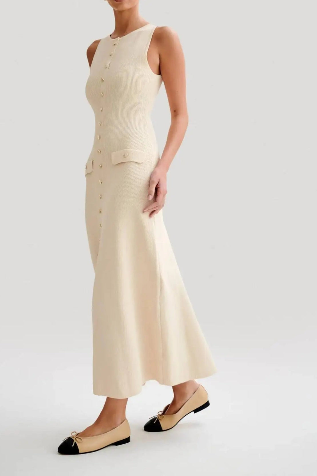 Elegant Knitted Long Dresses Women O Neck Sleeveless Single Breasted Bodycon Midi Dress
