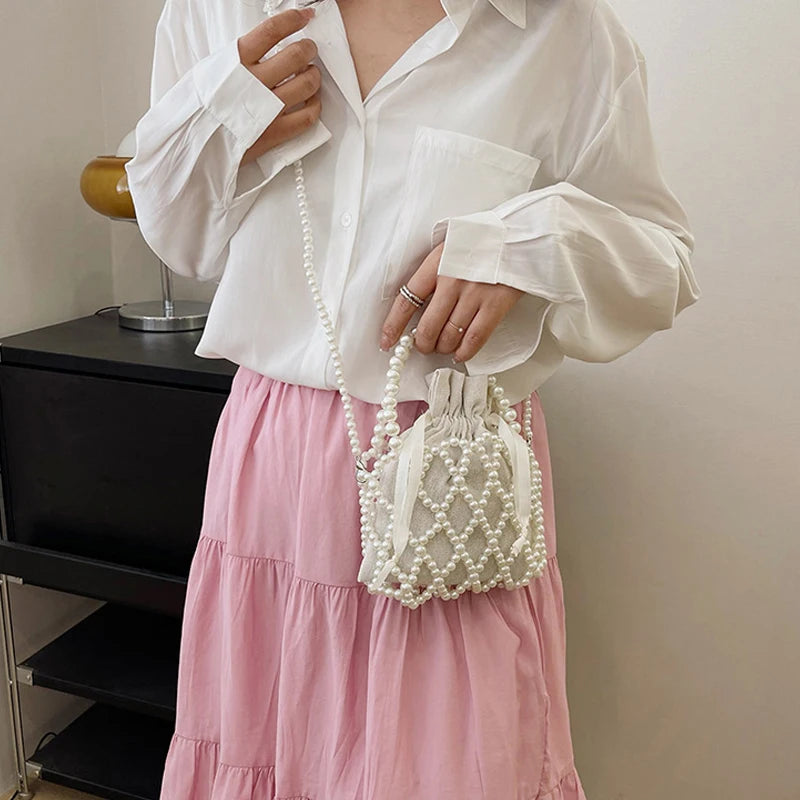 Luxury Pearl Women Bucket Tote Bag Woven Pearl Crossbody Bags for Women Small Wallet