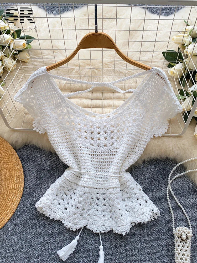 Bohemian Tassel Knit Tops Women Lace Up V Neck Elastic Summer Blouse Vacation Blouse