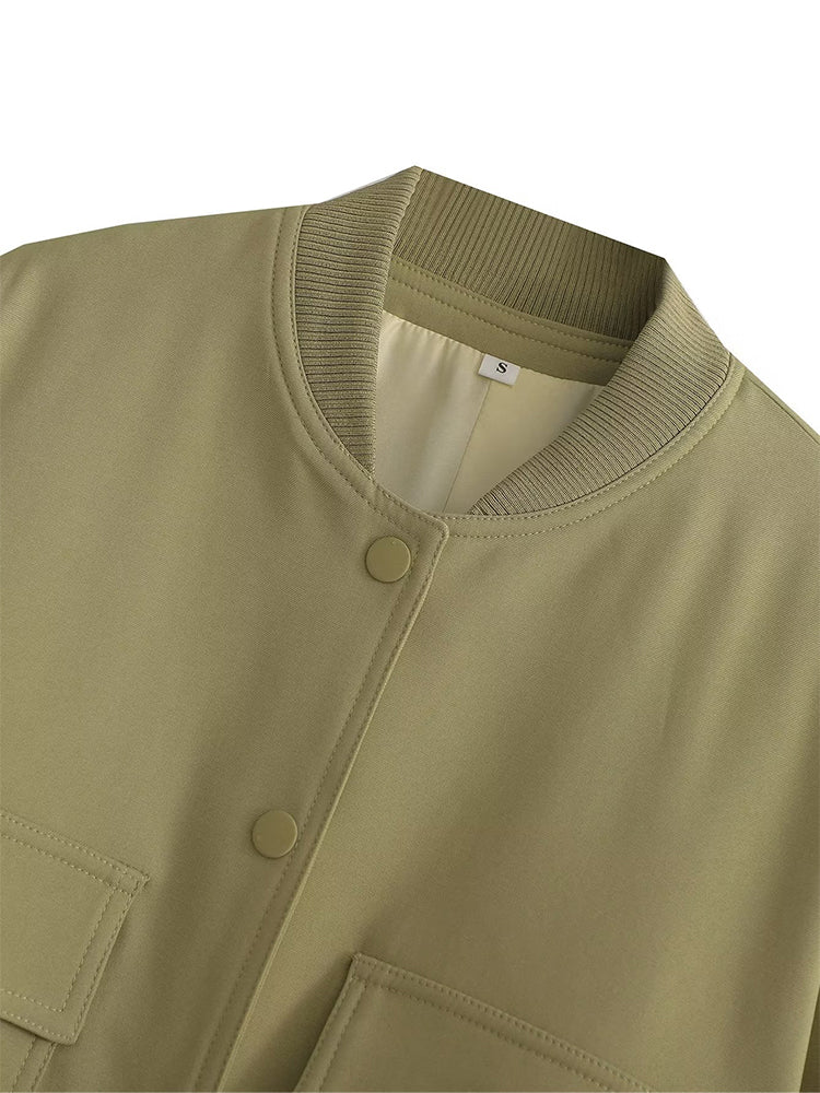 Solid Bomber Jackets Coat With Pockets V-Neck Single Breasted Long Sleeves Jacket
