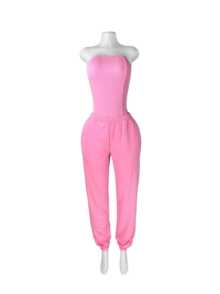 Sexy Washed Strapless Bodysuit and Jogger Pants Set for Women Trendy Two Piece Jogging Suit Sets