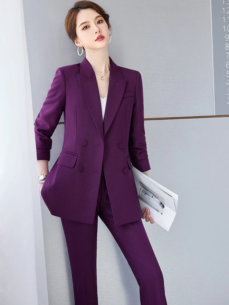Blue Purple Black Women Blazer and Pant Suit Office Ladies Business Work Wear