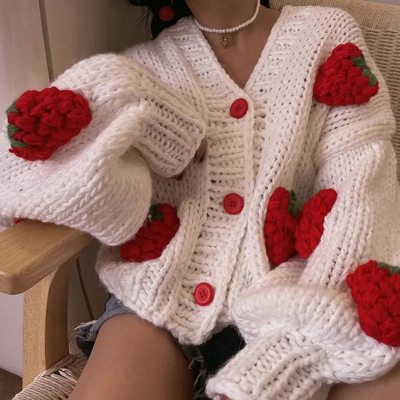 Large Size Women Sweater Puff Sleeve Strawberry Sweet Full Cardigans Loose Girls Sweater