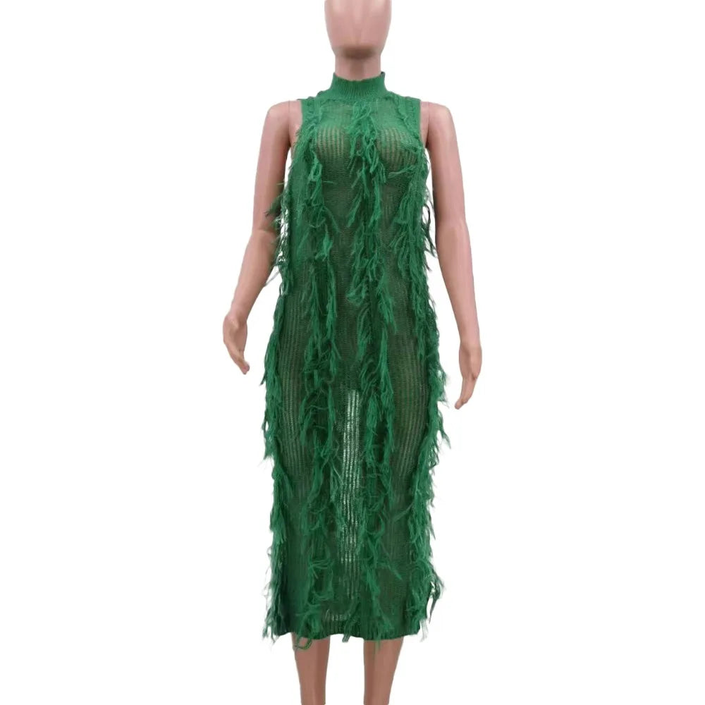 Fur Hollow Out Perspective Midi Dress Women Round Neck Sleeveless Slim Dress
