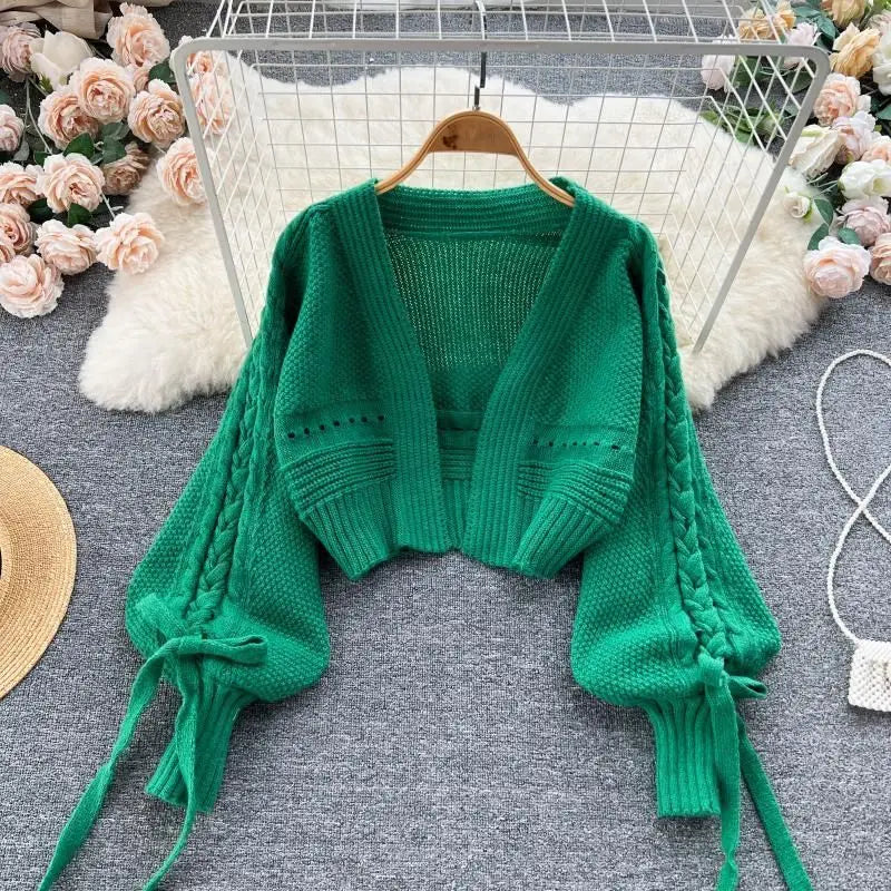 Green Casual Acrylic Knit V-Neck Lantern Long Sleeve Lace Up Women's Cardigan
