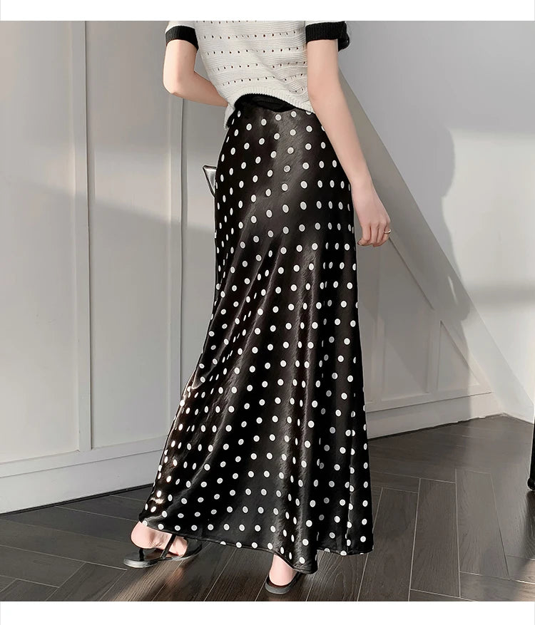 Polka Dot Satin Skirt Women's High Waist Versatile Elegant Dot Long Skirt