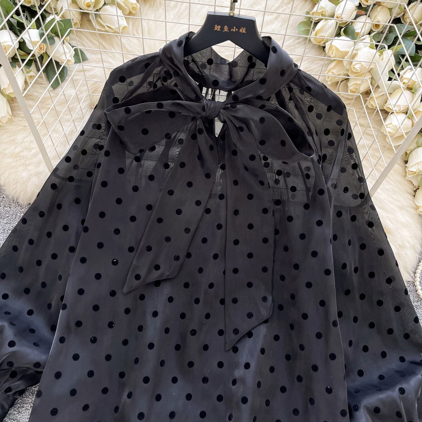 Vintage Polka Dot Tops Puff Sleeve Bow Lace Up Design Blouse