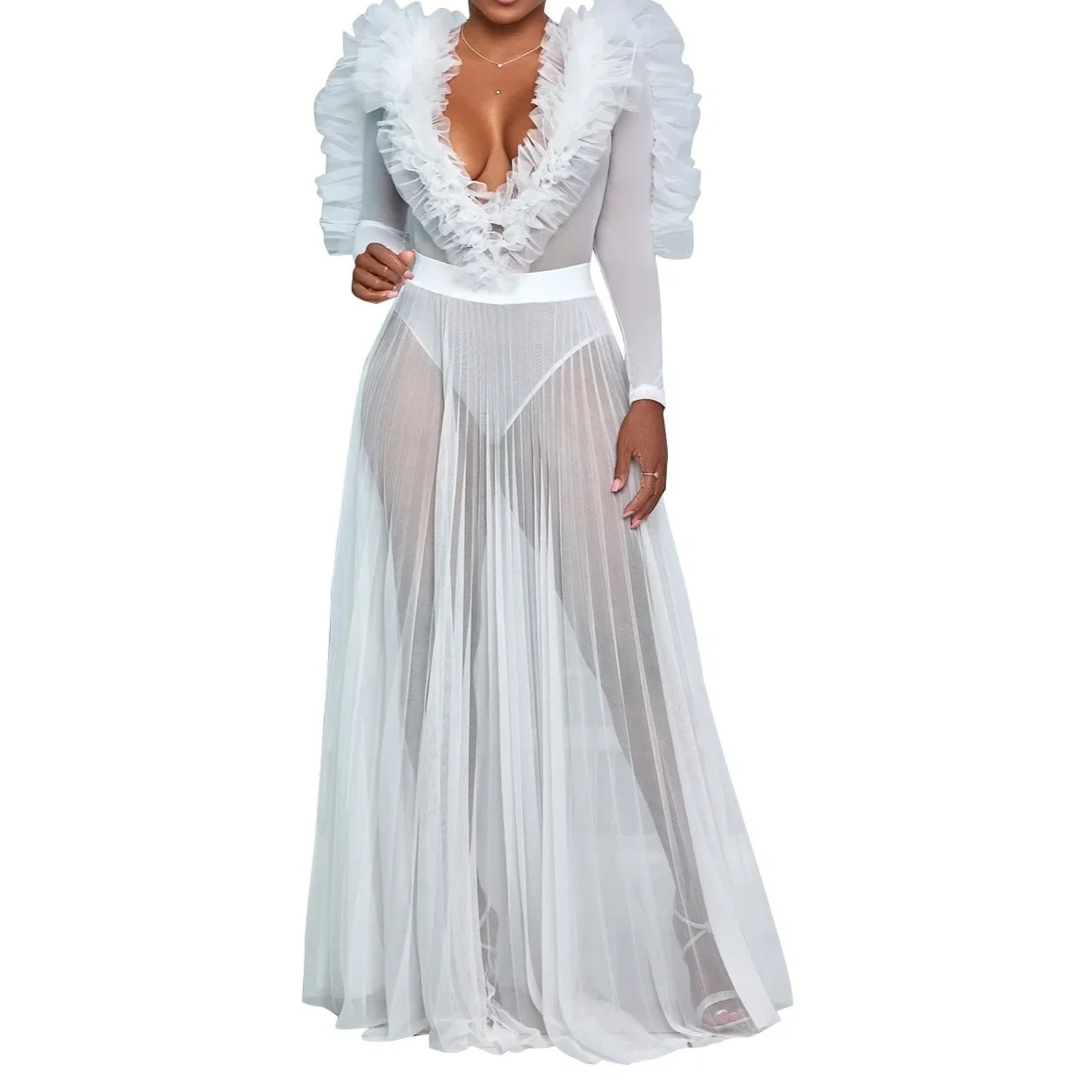 Women Selvedge Ruffles Full Sleeve V-neck Long Maxi Dress Birthday Mesh See Through Party Evening Dress