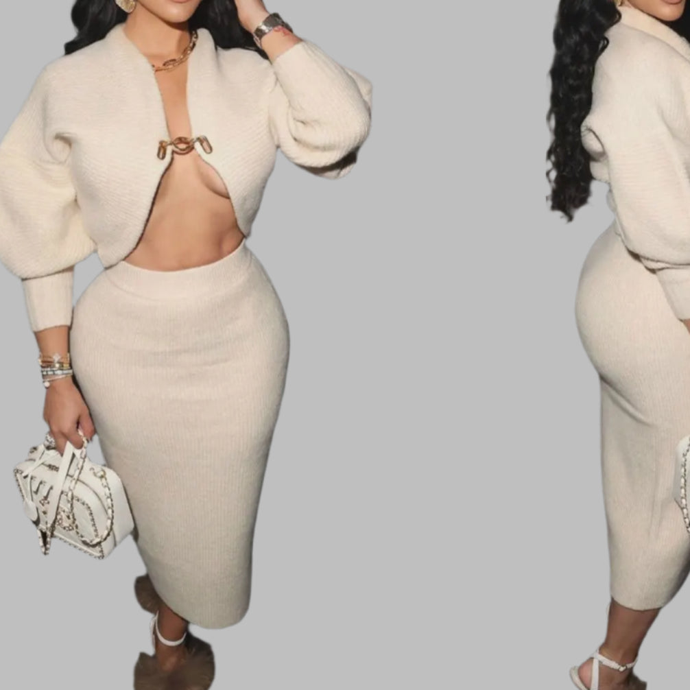High Quality Elegant Knit Women 2 Piece Set Outfit Hollow Out Lantern Sleeve Crop Cardigan + Long Skirt Suit Streetwear