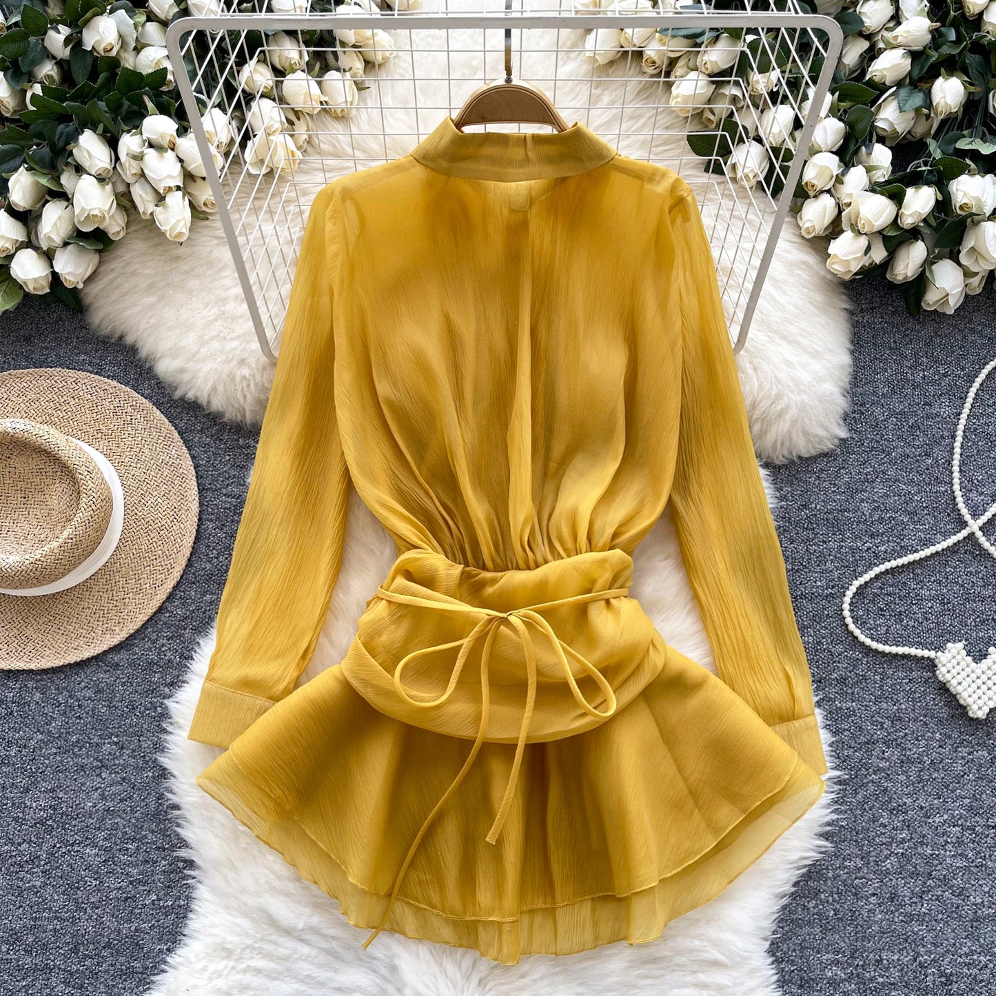 3D Floral Vintage Shirt Women Lapel Neck Long Sleeves Sheer Bohemian Organza Blouse