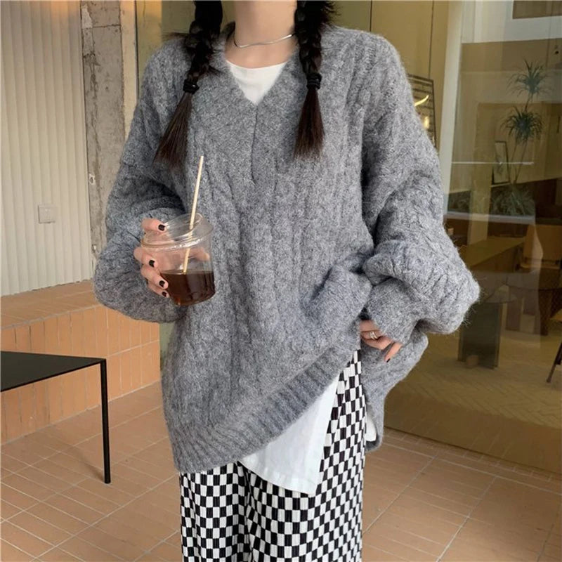 Harajuku Women Sweater Cute Oversized Knitted Pullover V Neck Sweater