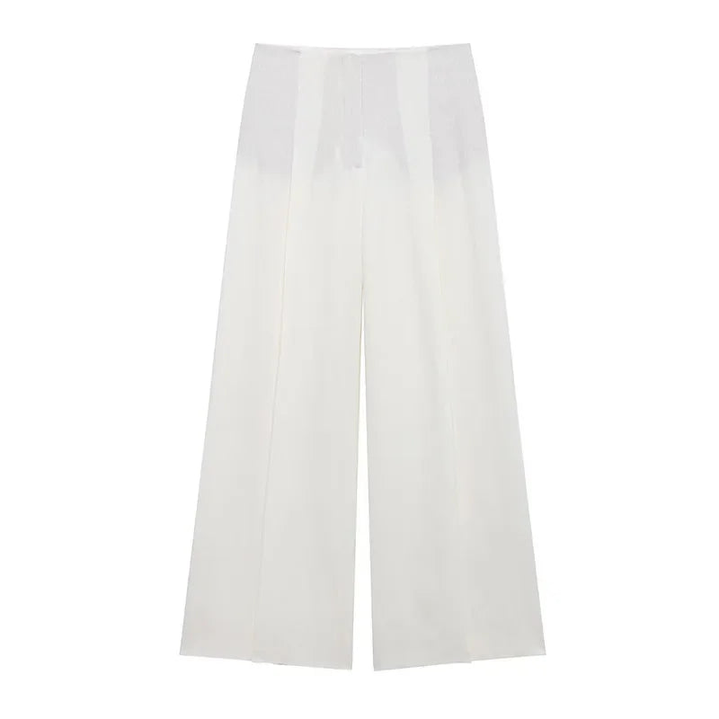 Elegant Blazer Pants Sets Women V-neck Lace up Jacket Full Sleeve Wide Leg Trousers Suit