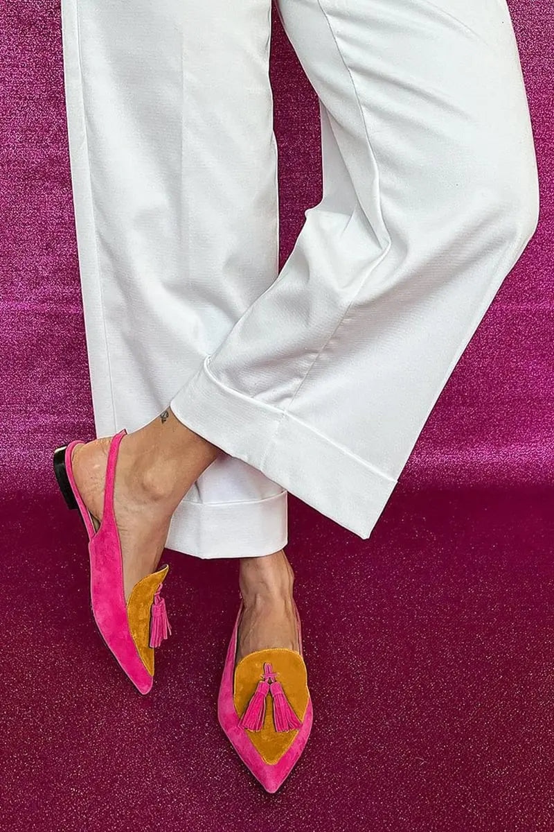 Color Block Women's Flat Shoes Pointed Tassel Low Heel Back Air Sandals