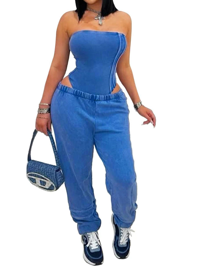 Sexy Washed Strapless Bodysuit and Jogger Pants Set for Women Trendy Two Piece Jogging Suit Sets