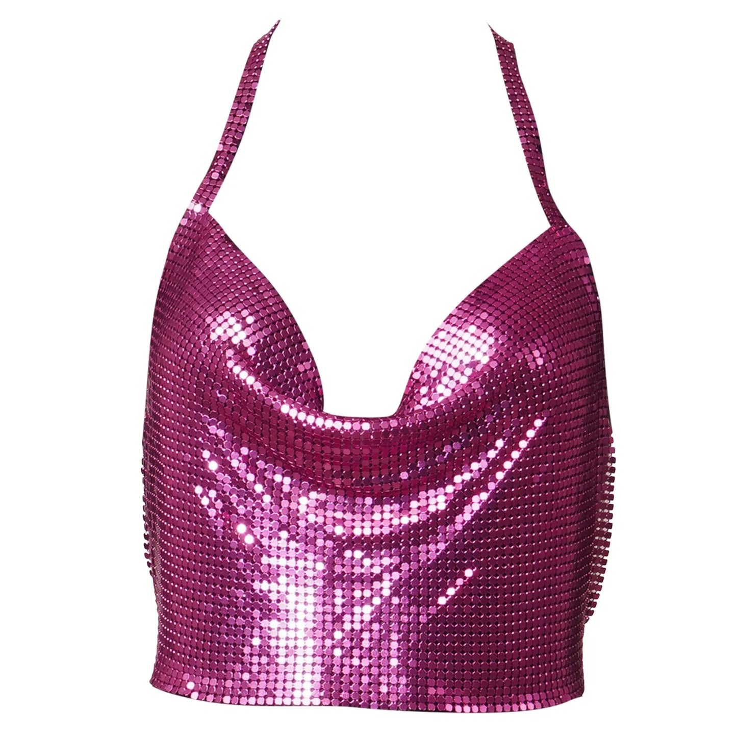 Sexy Sequins Metal Crop Tops Women Suspenders Halter Backless Night Club Tank Top