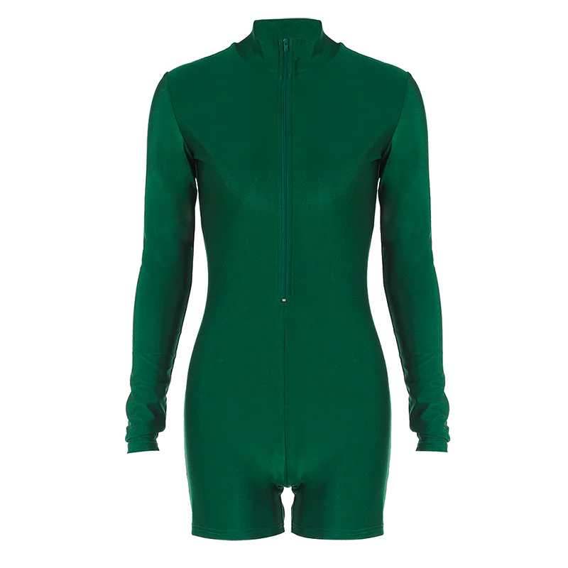 Solid Turtleneck Playsuit Romper Long Sleeve Zip Up Sexy Slim Skinny One Piece Playsuit Party Romper
