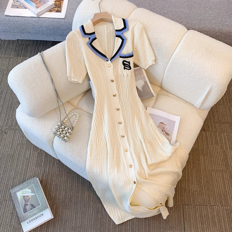 Women Contrast Color Midi Dress Elegant Pockets Short Sleeves Button Down Dress