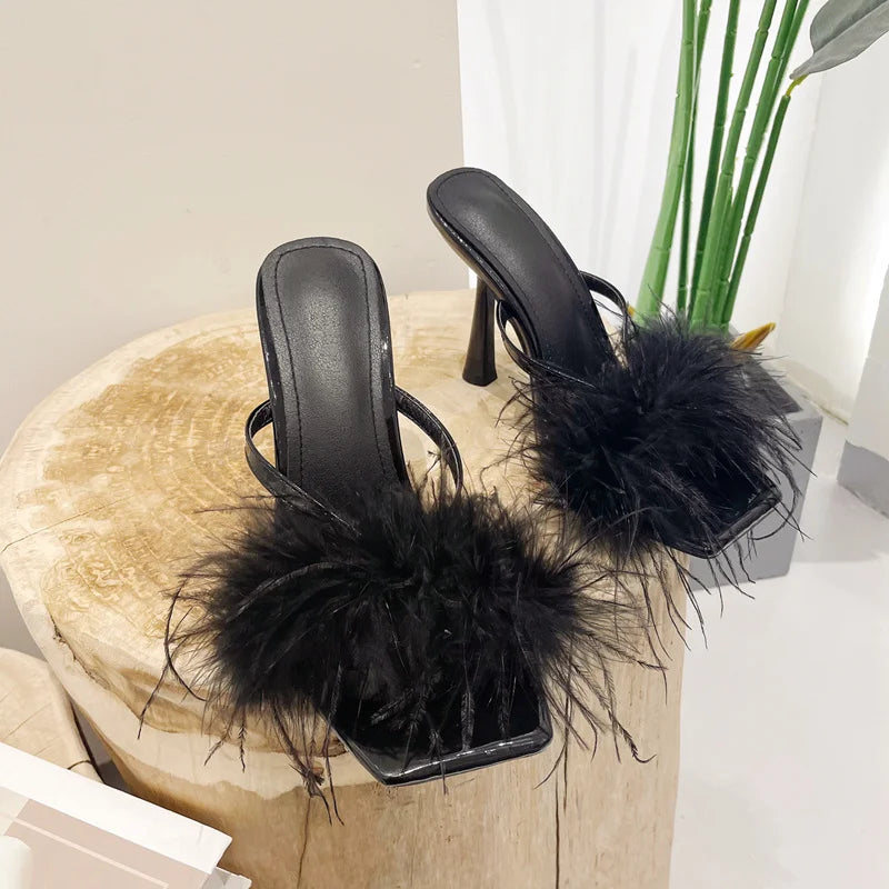 Fur Feather High Heels Slippers Sandals Women Summer Mules Ladies Shoes