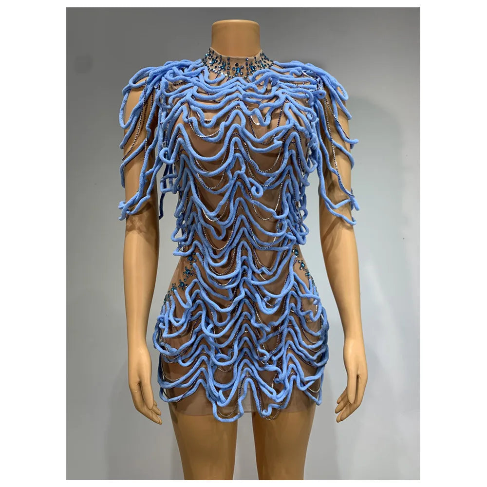 Mesh Rhinestones Chain Mini Dress Nightclub Party Performance Outfit