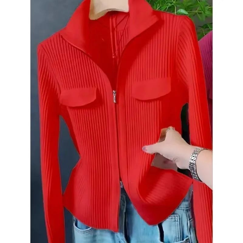 Women Knitted Sweater Cardigan Short Jacket Turn-Down Collar Knit Top