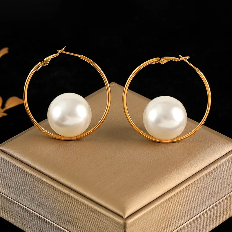 Stainless Steel Exaggerated Large Pearls Necklace Earrings Set For Women