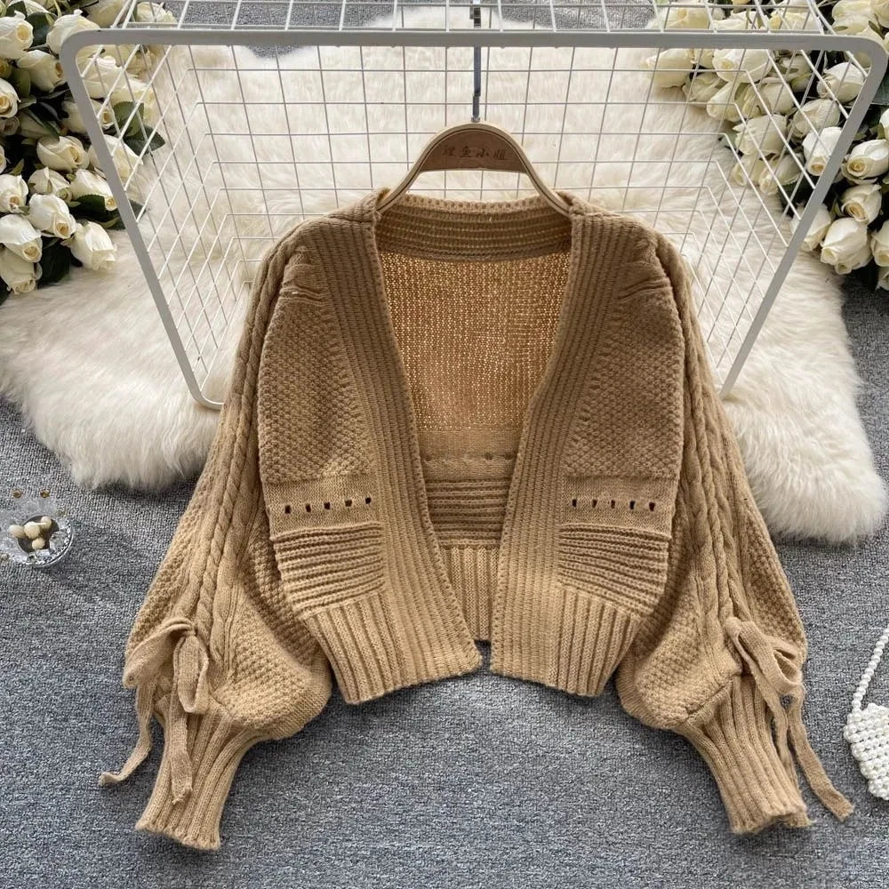 Green Casual Acrylic Knit V-Neck Lantern Long Sleeve Lace Up Women's Cardigan