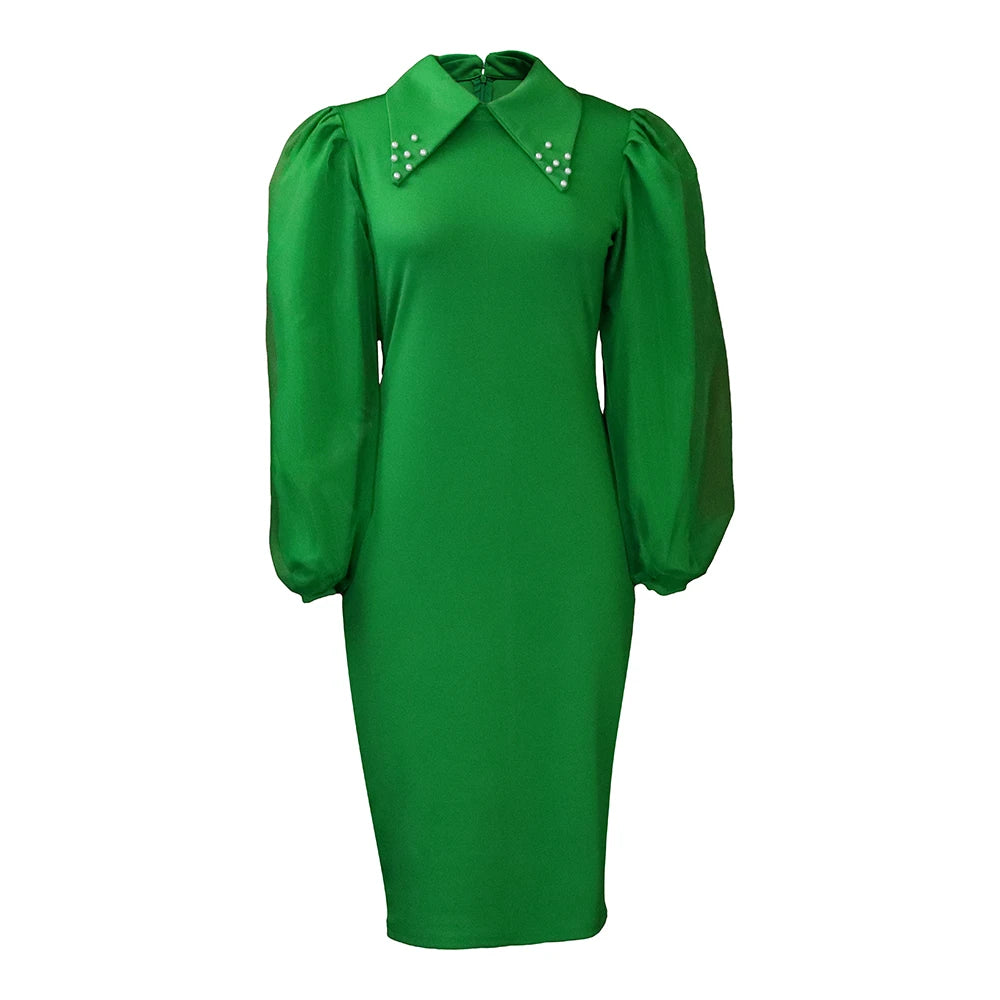 Elegant Office Dress fro Women Professional Full Sleeve Turn Down Collar Beaded Sheath Package Hips Mid Calf Formal Work Dress