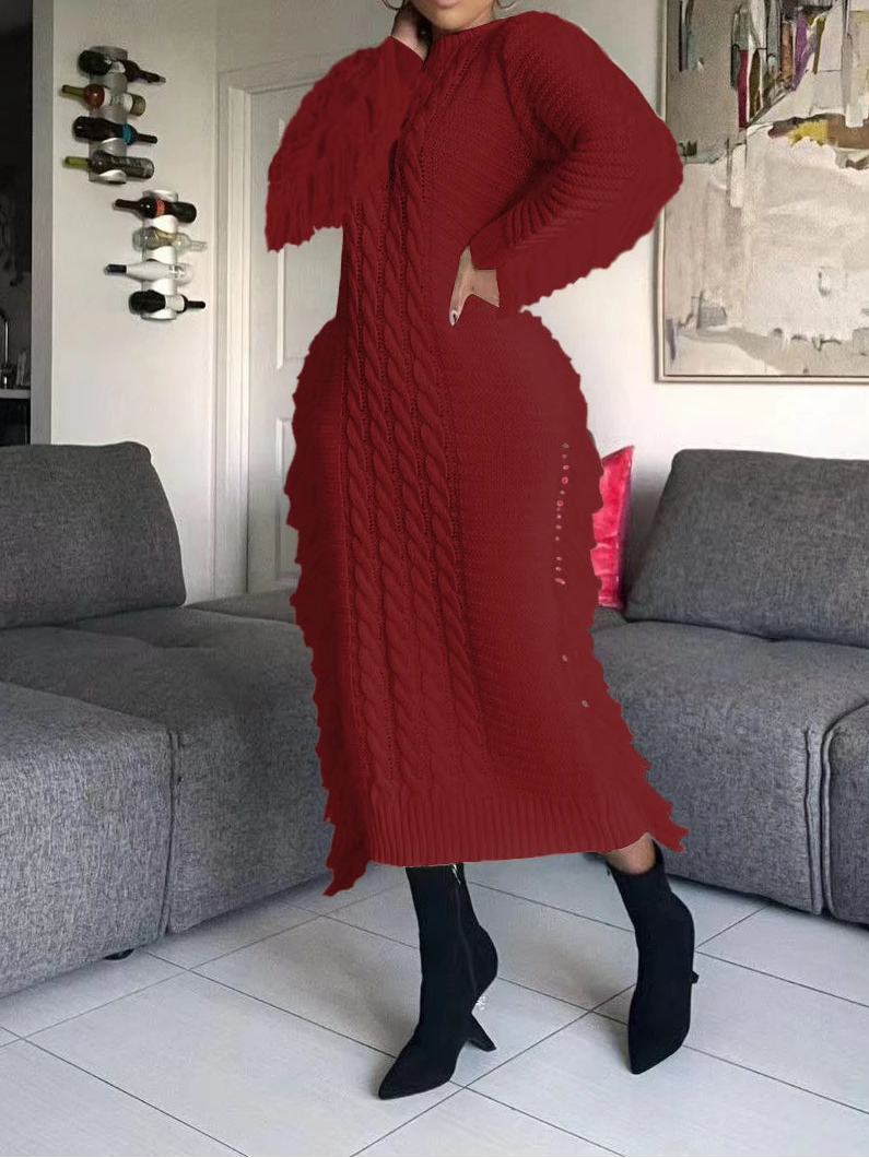 Women Long Sleeve Tassel Bodycon Midi Knit Dress O-neck Sweater Dress