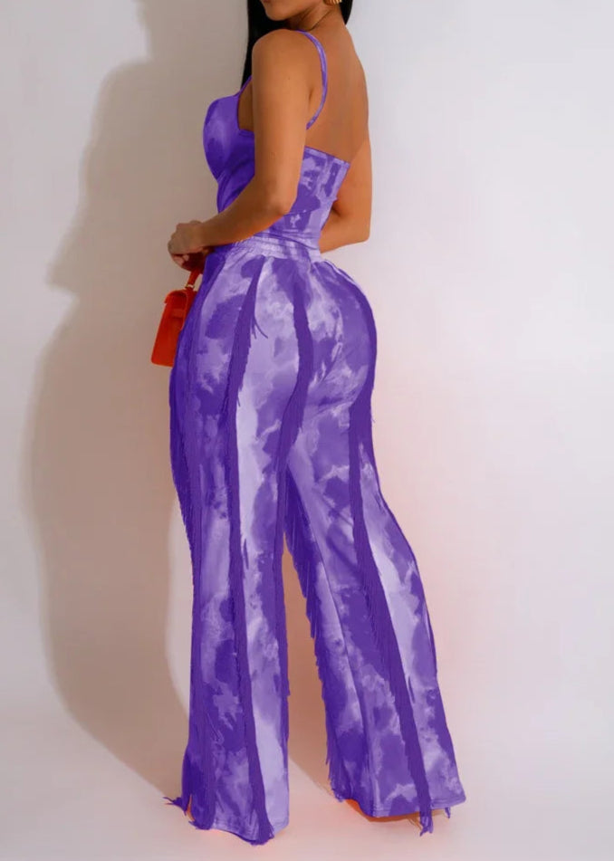 Tie Dye Printing Two Piece Set for Women Pant Sets Birthday Outfits Clubwear Bodysuit Top and Fringe Tassel Pants Matching Sets