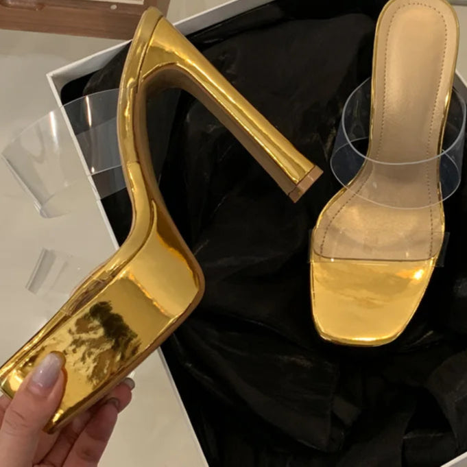 Designer PVC Transparent Platform Slippers Women Square Toe High Heels Slides Shoes