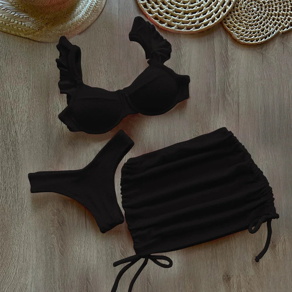 Solid Wavy Fabric Low Waist Ruffle Bikini Set Cover Up Swimsuit For Women
