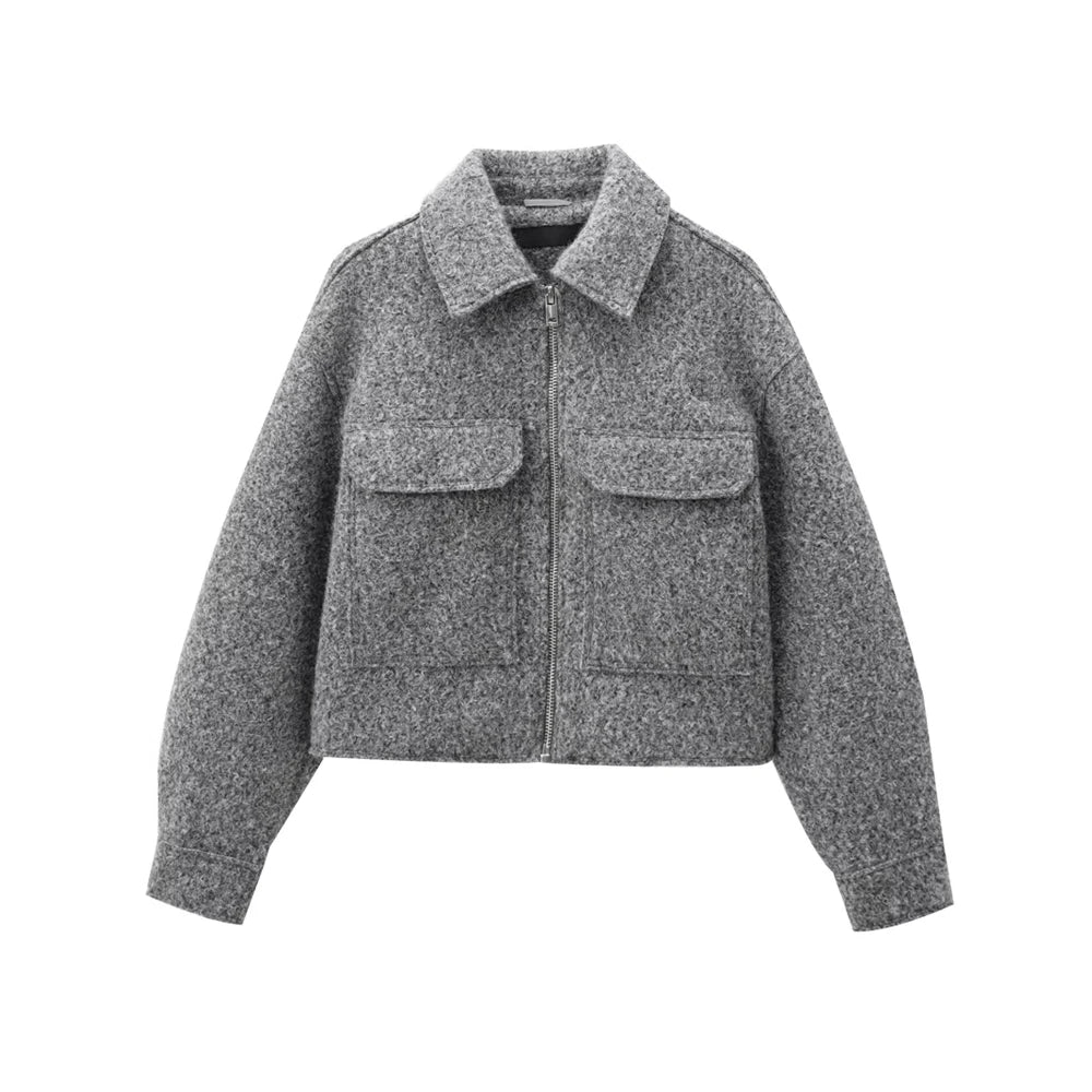 Cropped Jacket with Pockets for Women, Long Sleeve Coat Front Zipper Female Outerwear