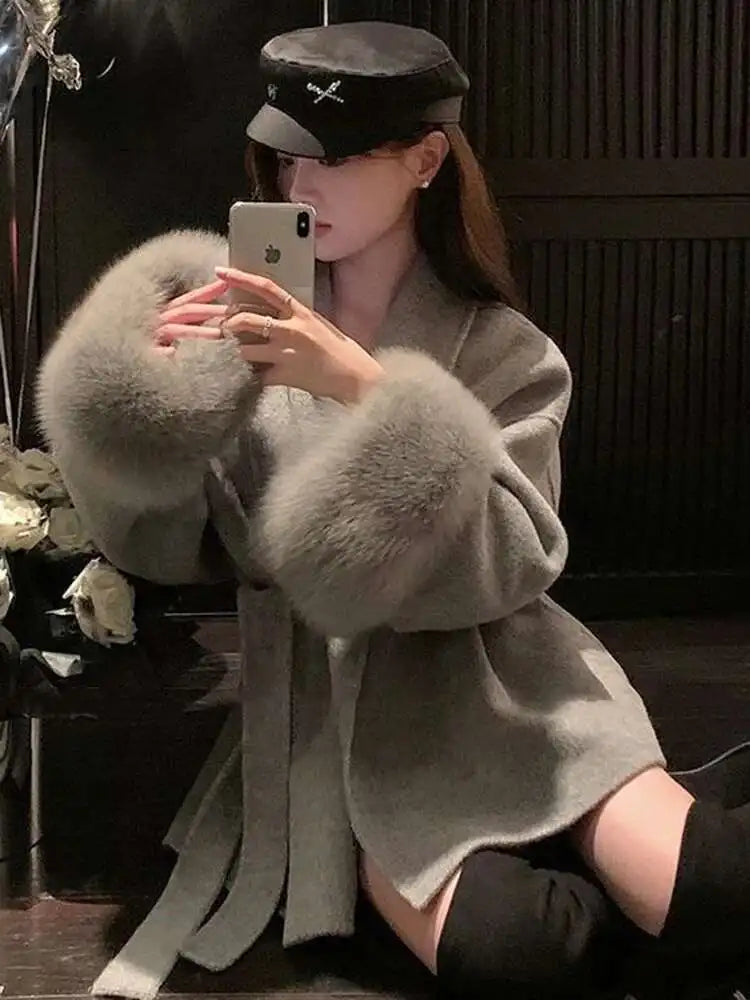 Women Overcoats Fur Patchwork Long Sleeve Woolen Coat