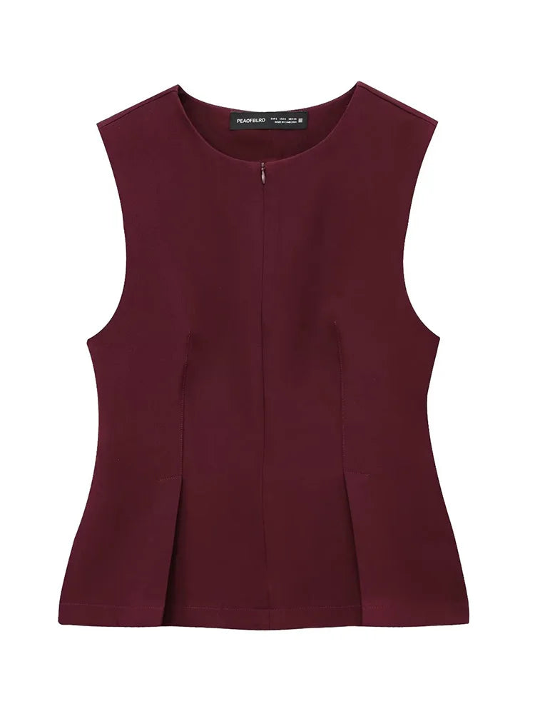 Women Solid Zipper Vintage Causal Sleeveless O Neck Tank Blouse Slim Pleated Vest Blouse High Street Folds Top