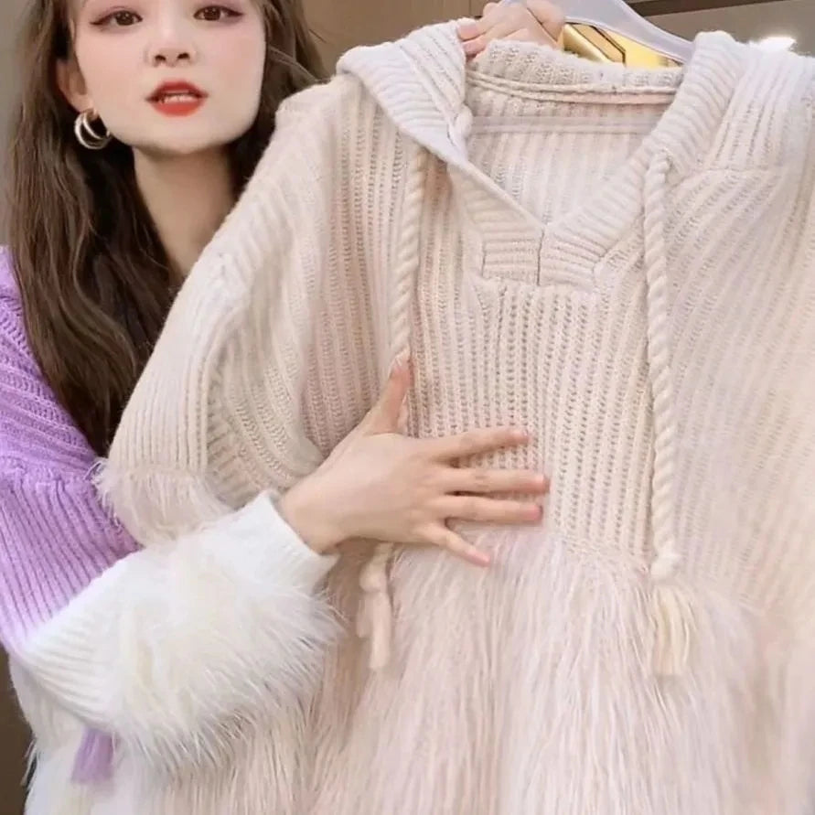 Tassel Pullover Long-Sleeved Sweater Hooded Loose Knitwear