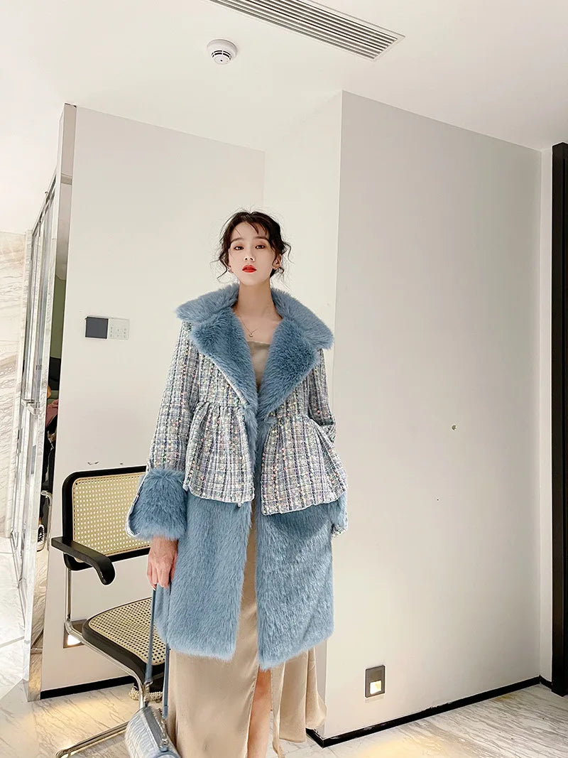 Winter Fur Coat Women Luxury Sequined Wool Faux Fur Long Jacket Fluffy Overcoat