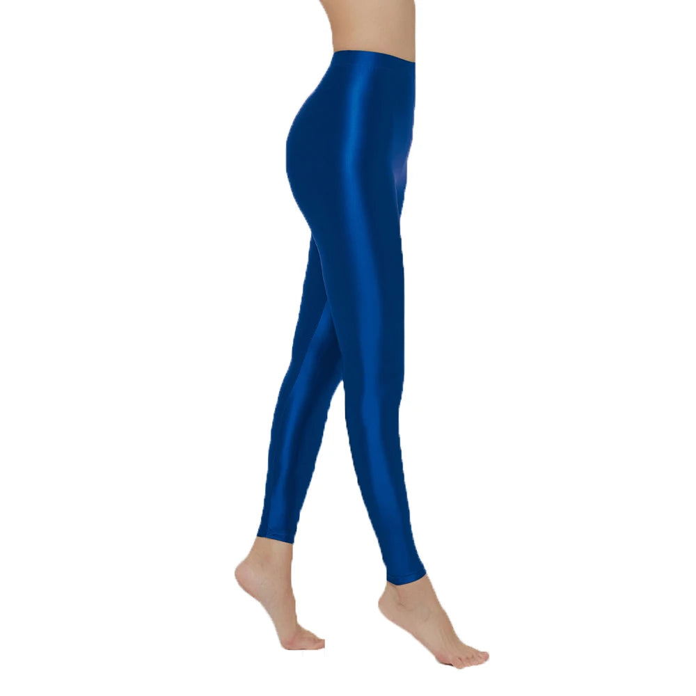 Womens Satin Glossy Sexy Opaque Pants Shiny Oil Wet look Tights Leggings M-3XL