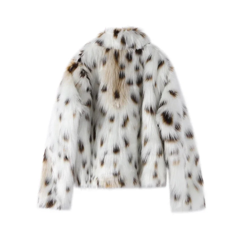 Elegant Leopard Print Faux Fur Cropped Jacket For Women Outwear