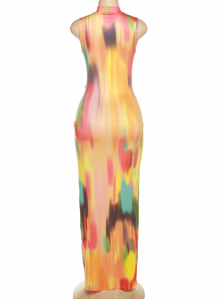Colorful Print Dress Women Sleeveless Patchwork Skinny Bodycon Dress