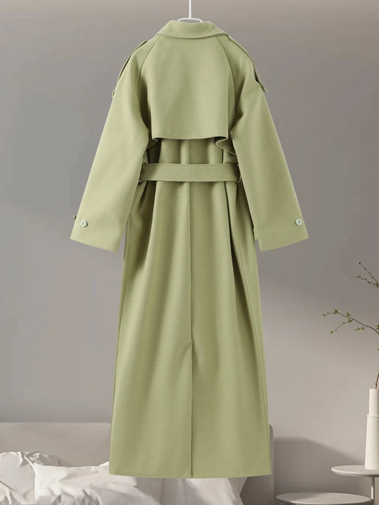 Urban Solid Double Breasted Long Women Coat Loose Full Sleeve Belt Double Breasted Jacket