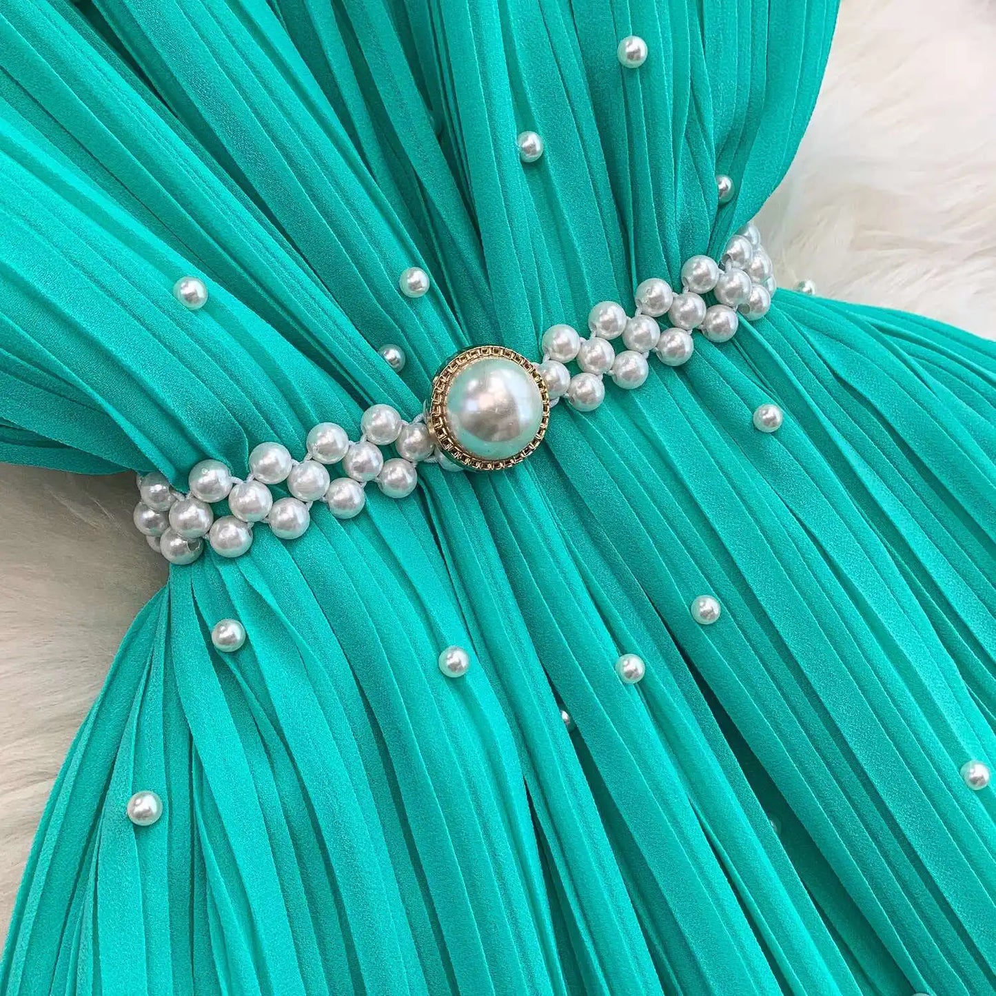 Summer Luxury Pearls Long Chiffon Dress For Women Loose Big Size Short Sleeve Crystal Birthday Evening Midi Pleated Dresses