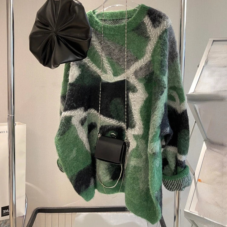 Oversized Women Casual Pullovers Patchwork Jumper with Diamonds Y2k Sweater