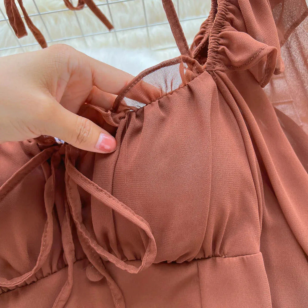 Flare Sleeve Women Top Ruffle Solid Elastic Waist Halter Backless Chiffon Blouse