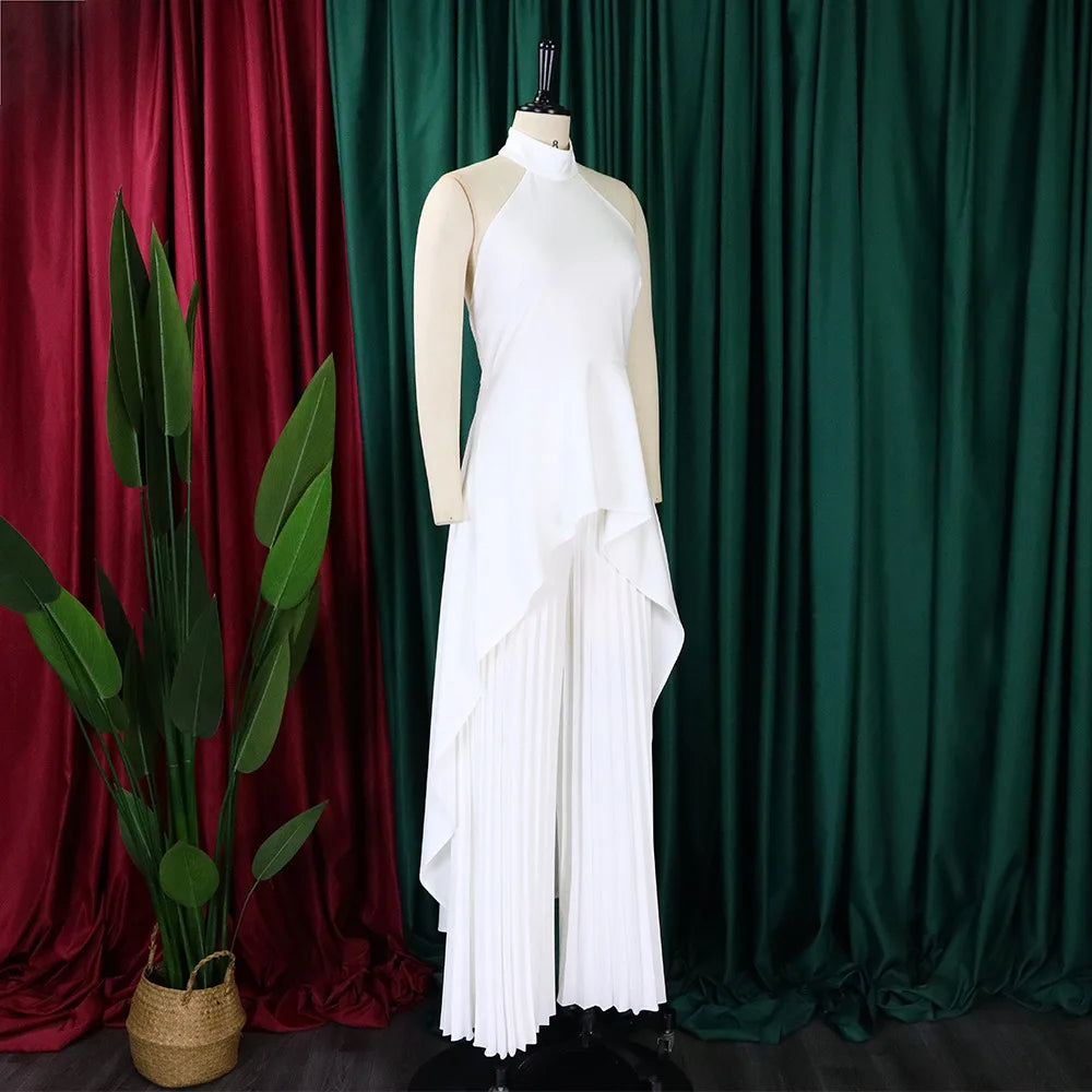 Elegant Two Piece Set Women Outfit Backless Top Hundred Pleated Wide Leg Pants Trousers Suit Summer Office Lady Suit