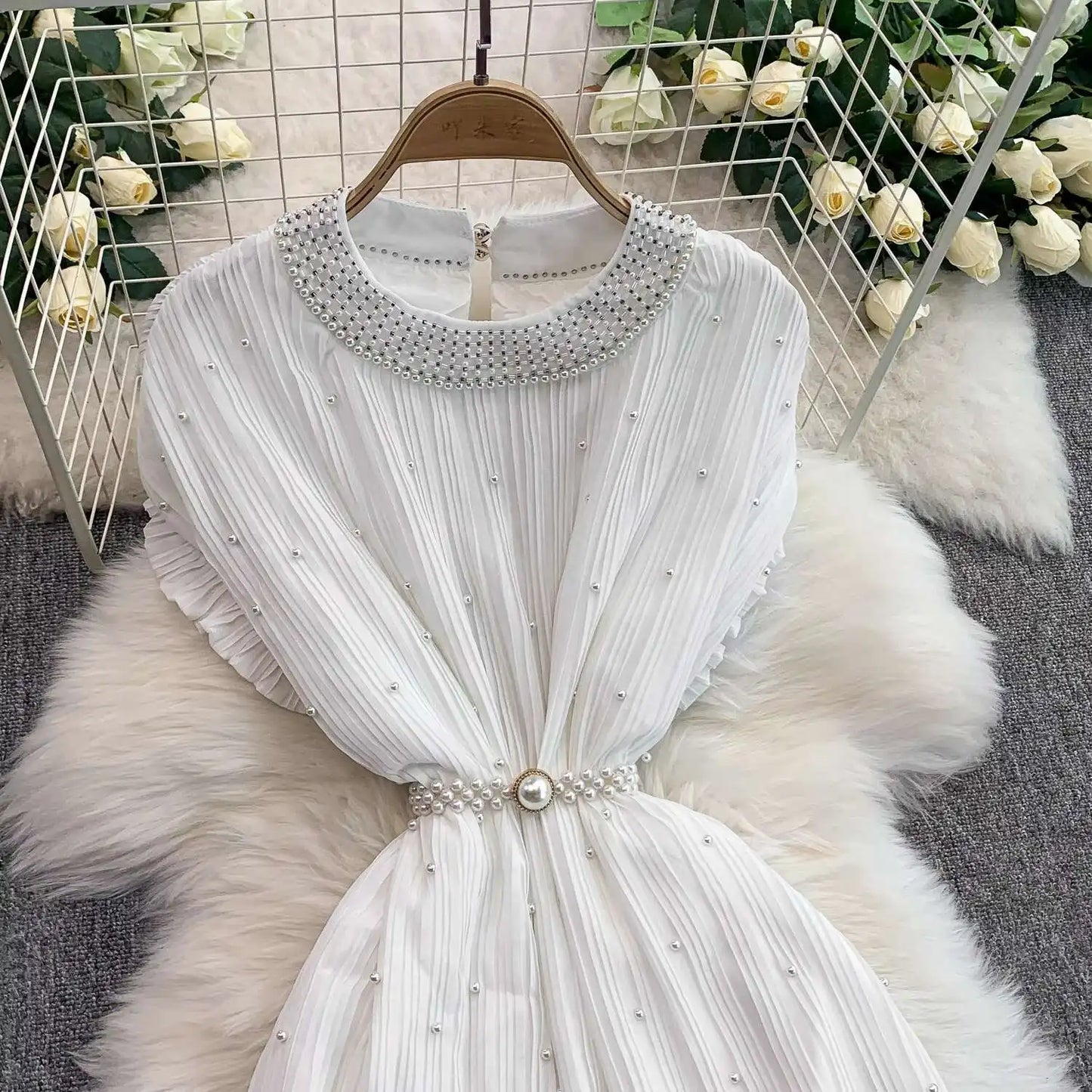 Summer Luxury Pearls Long Chiffon Dress For Women Loose Big Size Short Sleeve Crystal Birthday Evening Midi Pleated Dresses