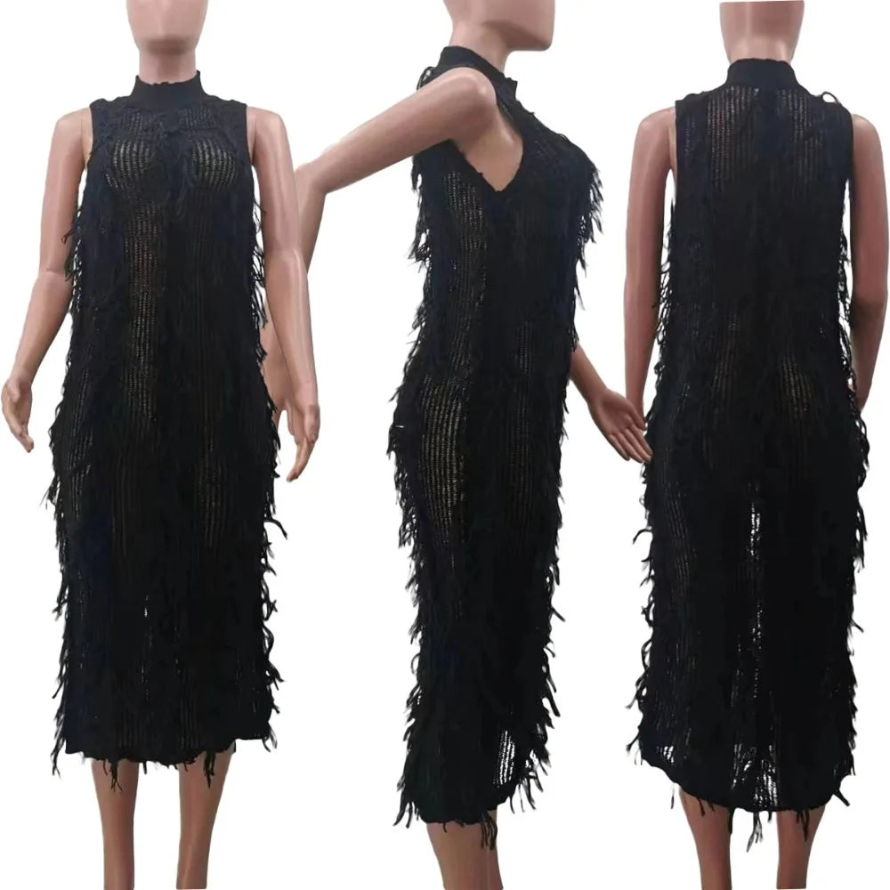 Fur Hollow Out Perspective Midi Dress Women Round Neck Sleeveless Slim Dress