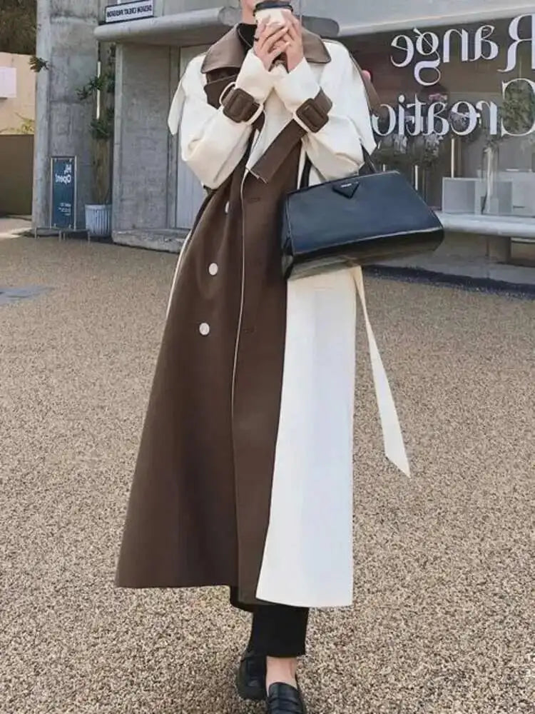 Color Block Trench Coat Double Breasted Patchwork Windbreaker Trench Coat
