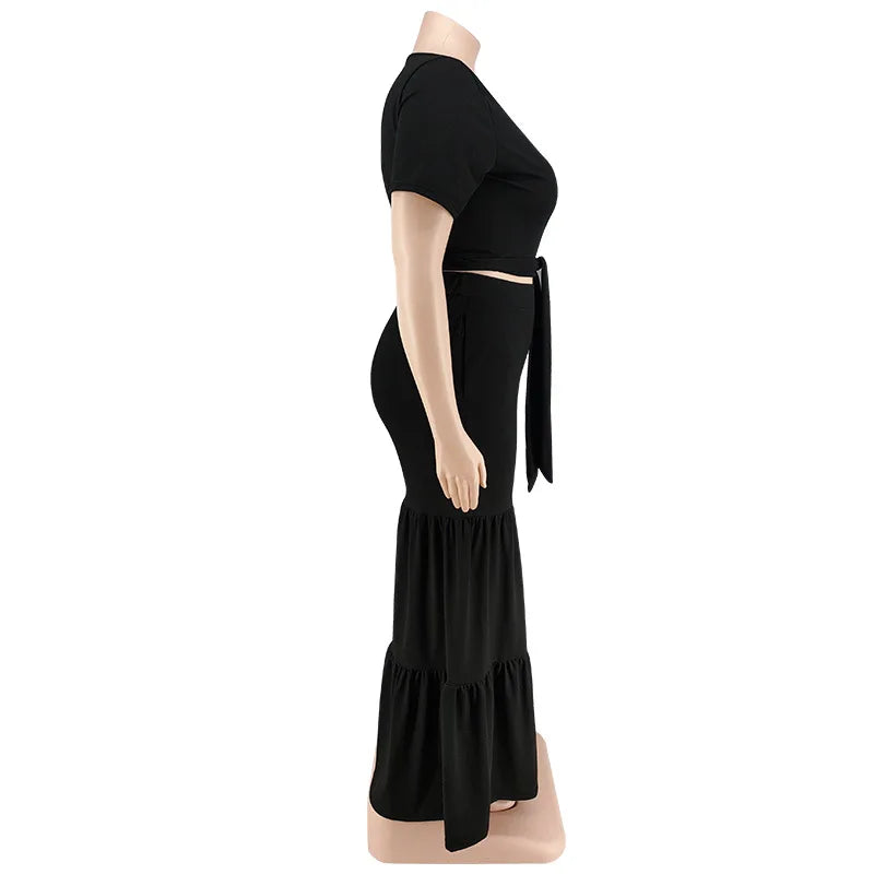 Plus Size Pants Sets Two Piece Outfits Summer Holiday Solid Bandage Top Wide Leg New Matching Suit