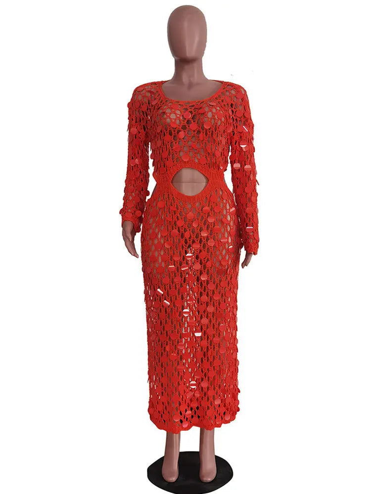 Fishnet Knitting Hollow Sequins Maxi Dress Sexy See Through Vacation Beach Dress Resort Wears