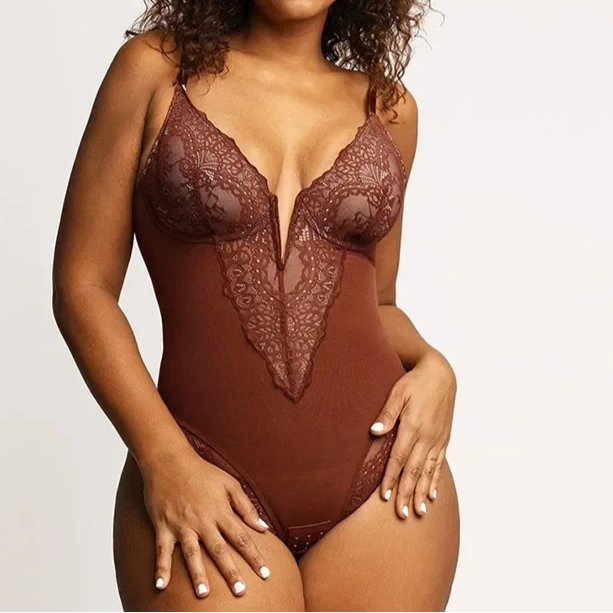 Sexy Deep V-Neck Lace Slimming Body Shaper Plus Size Tummy Control Push Up Bodysuit